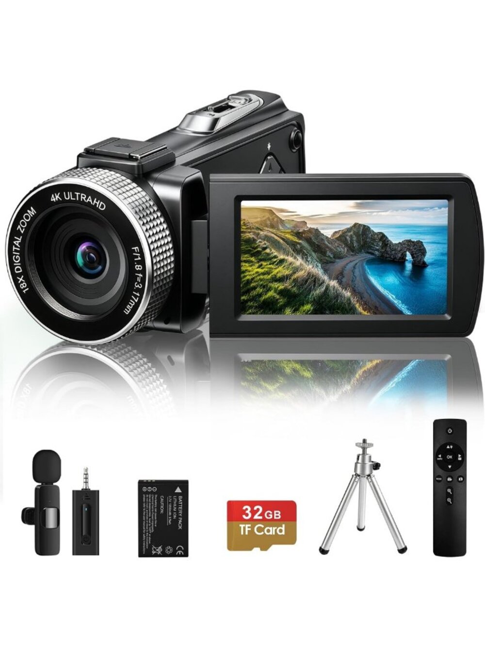 4K Ultra HD Video Camera with Touchscreen, Lavalier Mic, Tripod & Remote for